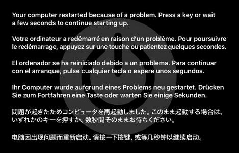 The message 'Your computer restarted because of a problem. Press a key or wait a few seconds to continue starting up' is shown with a background image of a power button