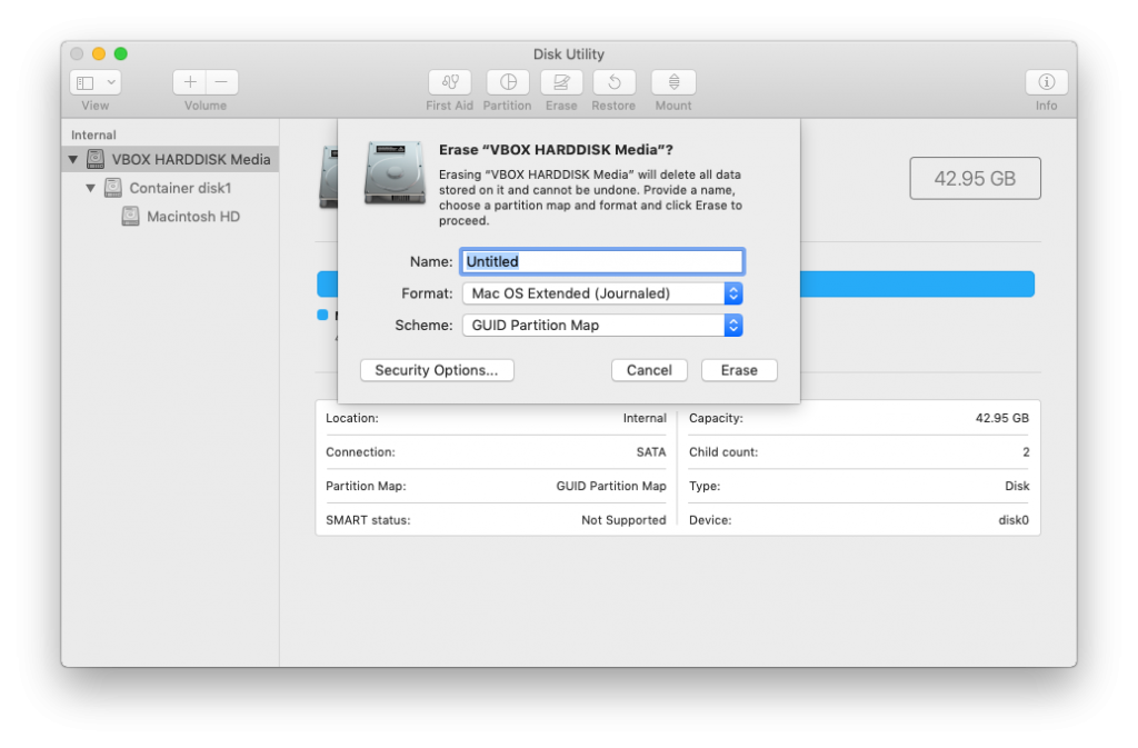 A screenshot of Disk utility on MacOS, intending to erase VBOX HARDDISK Media. The Name is set to Untitled, Format set to Mac OS Extended (Journaled), and scheme set to GUID Partition Map