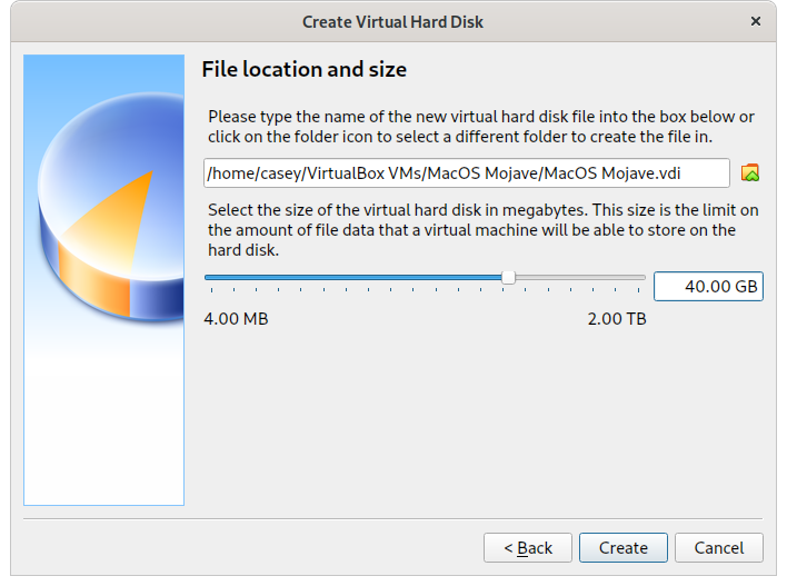 Screenshot of the 'Create Virtual Hard Disk' dialog, with 40 gigabytes set to the storage size