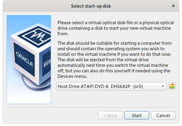 The 'Select start-up disk' dialog is shown, with the default 'host drive' currently selected